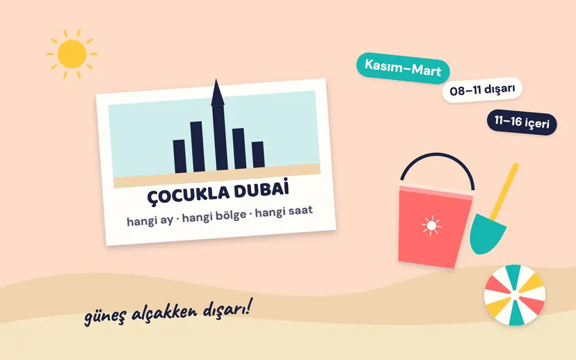 Kum tepeleri üzerinde Çocukla Dubai kartpostalı, kova, kürek ve plaj topu; Kasım–Mart, 08–11 dışarı, 11–16 içeri notları