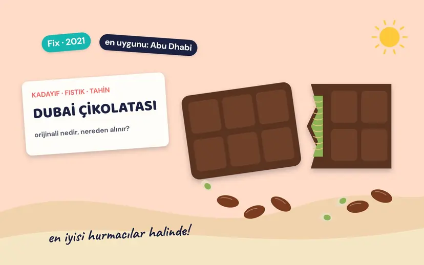 Kırık Dubai çikolatası, içinde yeşil fıstık kreması ve kadayıf; yanında hurmalar ve antep fıstıkları, DUBAİ ÇİKOLATASI kartı ve en uygunu: Abu Dhabi etiketi