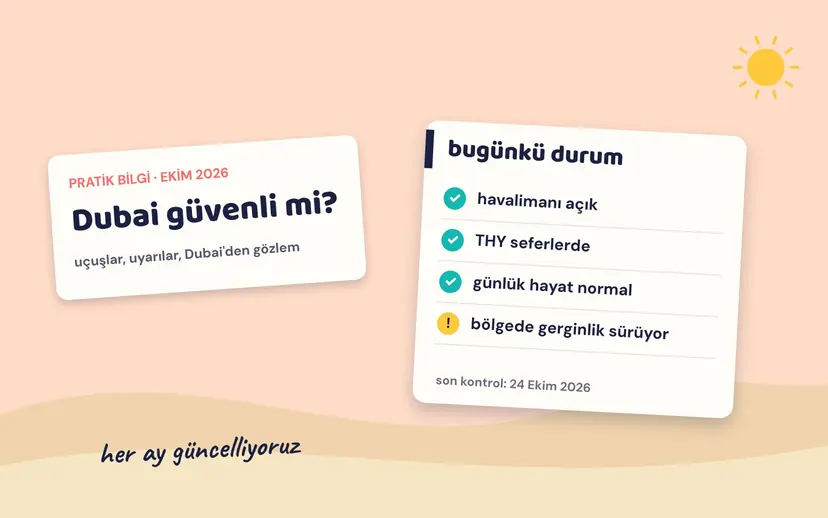 Şeftali zemin üzerinde 'Dubai güvenli mi?' başlığı ve 'bugünkü durum' kartı: havalimanı açık, THY seferlerde, günlük hayat normal, bölgede gerginlik sürüyor; son kontrol 24 Ekim 2026