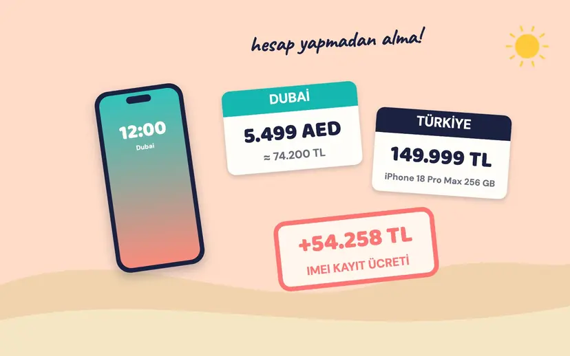Telefon, Dubai 5.499 AED (yaklaşık 74.200 TL) ve Türkiye 149.999 TL fiyat etiketleri ile +54.258 TL IMEI kayıt ücreti damgası