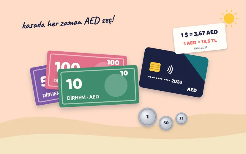 50, 100 ve 10 dirhemlik banknotlar, kredi kartı ve madeni paralar; 1 $ = 3,67 AED ve 1 AED yaklaşık 13,5 TL (Ekim 2026) yazan not