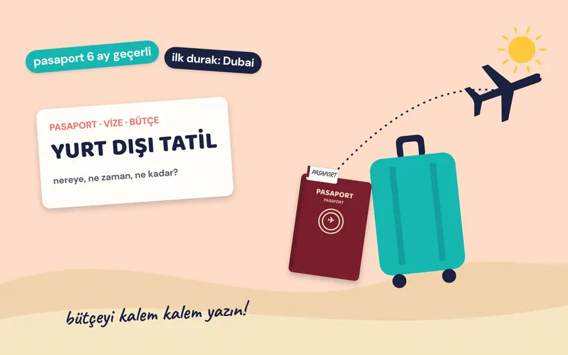YURT DIŞI TATİL kartı, bordo pasaport, turkuaz bavul ve uçak; pasaport 6 ay geçerli etiketi